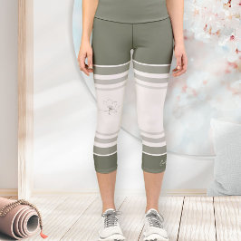 Leggings Capri Sage Green Ivory Floral Line Art Athletic Stripes