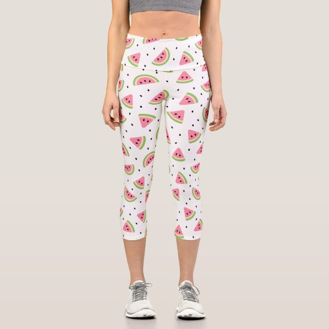 Leggings Capri sandías rosas, semillas de sandía, patrón de veran (Anverso)