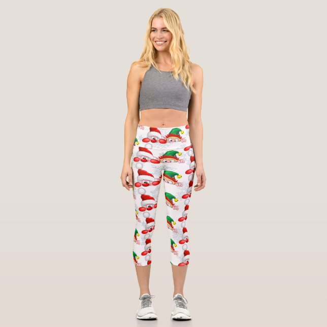 Leggings Capri Santa y Elf Cute y graciosos personajes Peeking (Anverso)