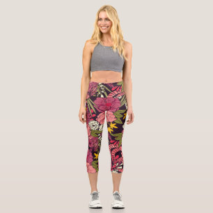 Leggings Capri Serpientes de jungla, flores tropicales, patrón vi