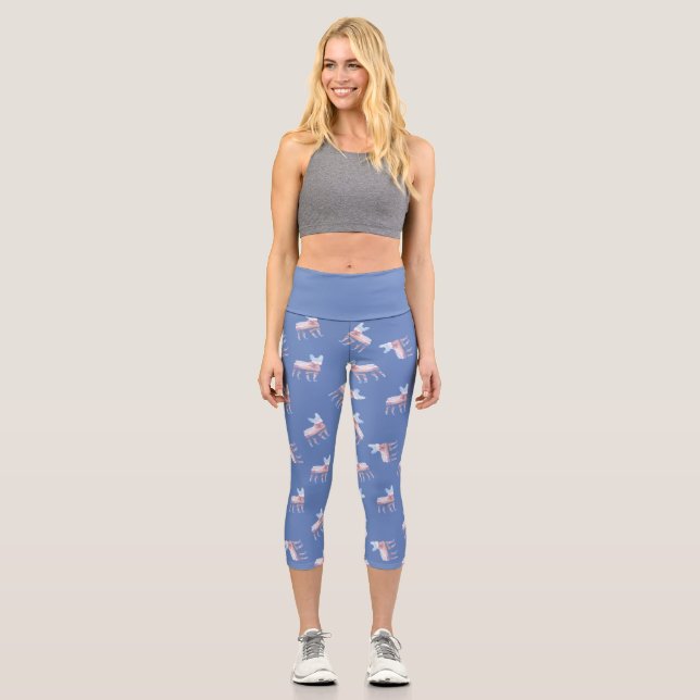 Leggings Capri Silhouette de Bulldog azul y rosa francés (Anverso)