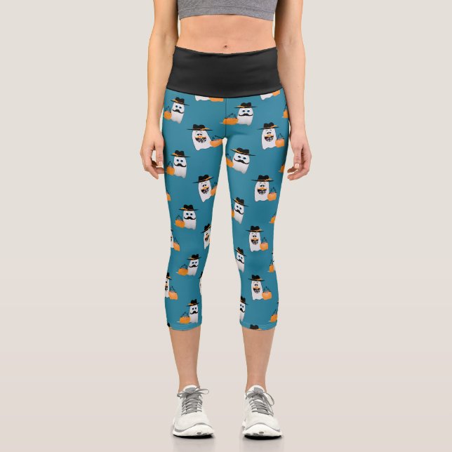 Leggings Capri Silly Halloween Ghost quiere tu patrón de dulces (Anverso)