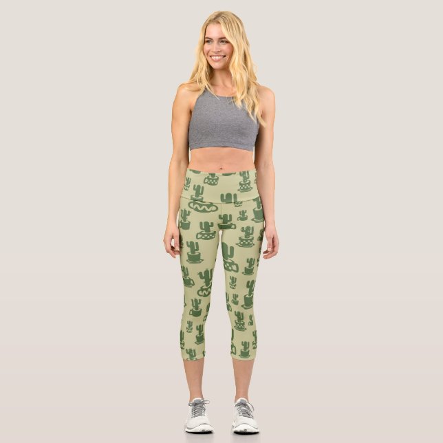 Leggings Capri Silueta de cactus suculenta en tazas y macetas (Anverso)