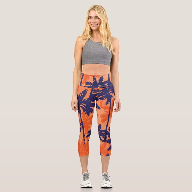 Leggings Capri Silueta de palmera azul, fondo naranja (Anverso)