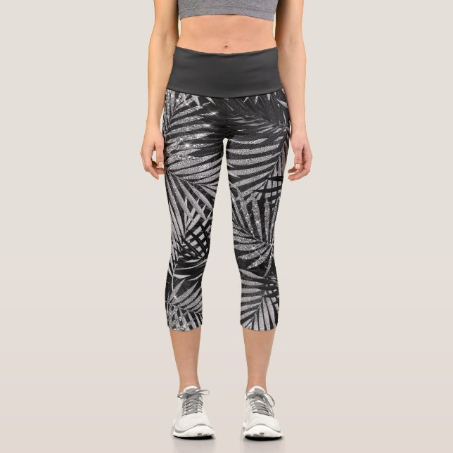 Leggings Capri Silver Glitter Palm Tree Black Modern Abstract  (Anverso)