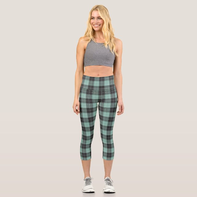 Leggings Capri Simple patrón de tartán en turquesa (Anverso)