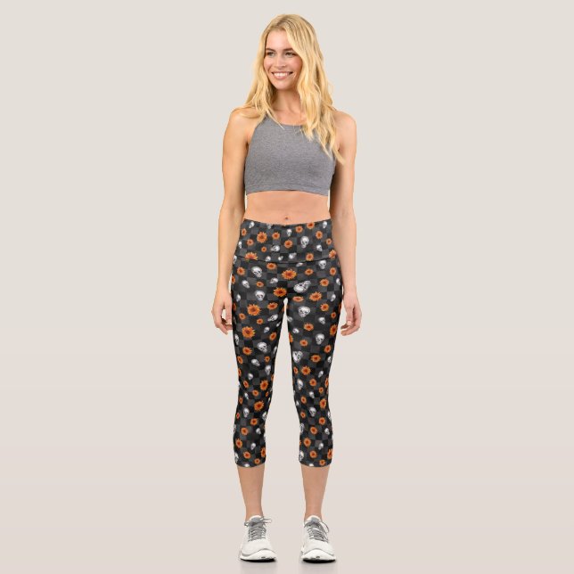 Leggings Capri Skulls naranjas y diseño de la serie de girasoles  (Anverso)