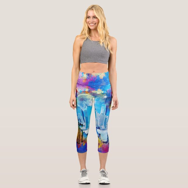 Leggings Capri SlipperyJoe NYC luna de grafiti rodeada de agitaci (Anverso)