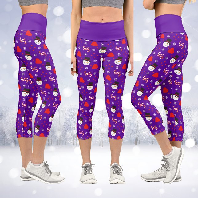 Leggings Capri Snowflakes Snowman Candy Canes fondo azul (Snowflakes Snowman Candy Canes Blue Background Capri Leggings)