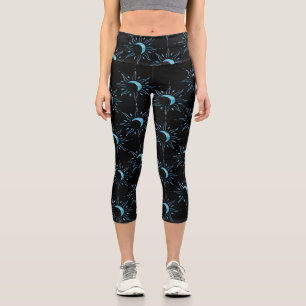 Leggings Capri Sol Turquesa Disperso Fondo Negro