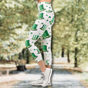 Leggings Capri Sombreros y tréboles de lujo verdes dorados blanco