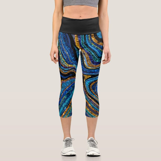 Leggings Capri Sparkle Glam Purpurina arte de mármol femenino azu (Anverso)