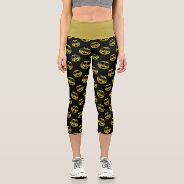 Leggings Capri Sparkly Smile face Gold destella un patrón negro (Anverso)