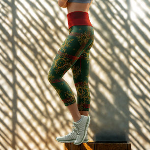 Leggings Capri Steampunk Snowflake Tartán rojo y verde