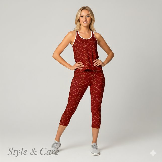 Leggings Capri Stylish Gold Geometric Box Design Deep Red (Stylish Gold Geometric Box Design Deep Red Capri Leggings)