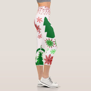 Leggings Capri Stylish Green Christmas Tree Red Snowflakes White