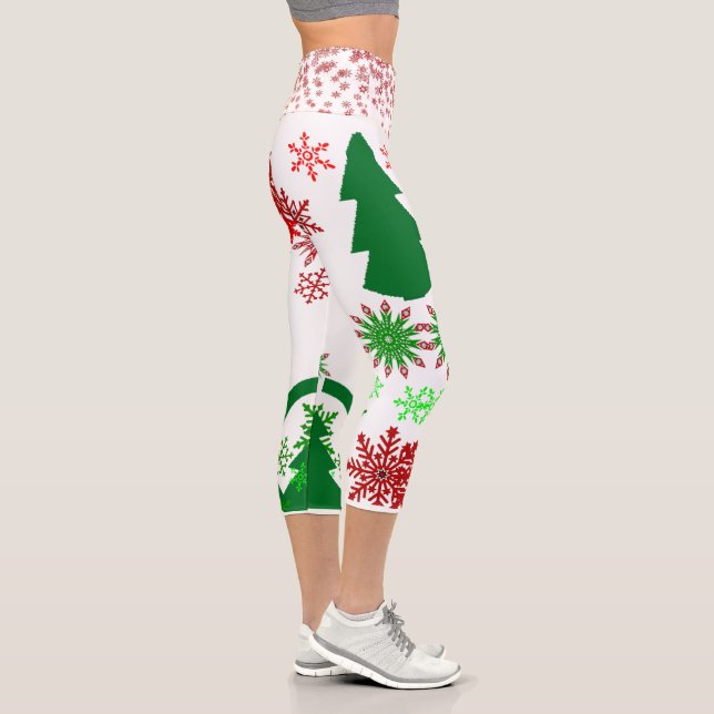 Leggings Capri Stylish Green Christmas Tree Red Snowflakes White  (Derecha)