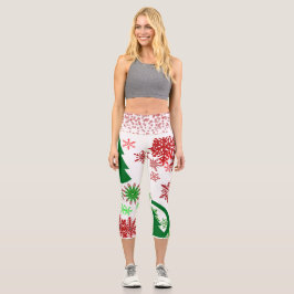 Leggings Capri Stylish Green Christmas Tree Red Snowflakes White 