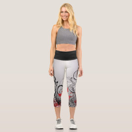 Leggings Capri Stylish Red Black and Grey Leaf Design 