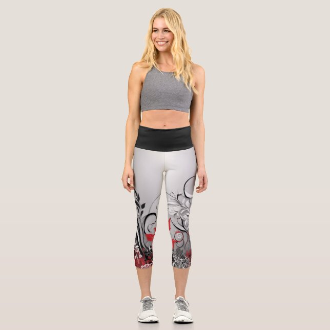 Leggings Capri Stylish Red Black and Grey Leaf Design  (Anverso)