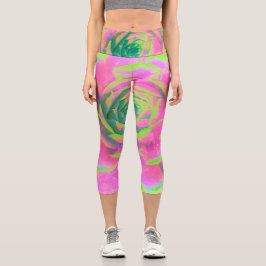 Leggings Capri Suculento rosette de sedum verde limón y rosa
