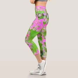 Leggings Capri Suculento sedum rosa caliente con hojas verdes flo