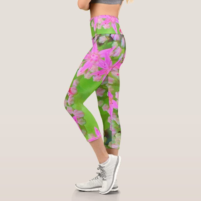 Leggings Capri Suculento sedum rosa caliente con hojas verdes flo (Izquierda)
