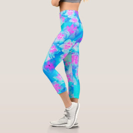 Leggings Capri Suculento sedum subacuático azul y rosa caliente
