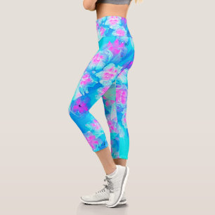 Leggings Capri Suculento sedum subacuático azul y rosa caliente