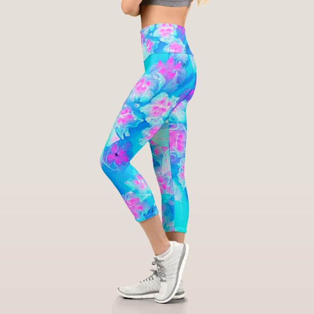 Leggings Capri Suculento sedum subacuático azul y rosa caliente (Izquierda)