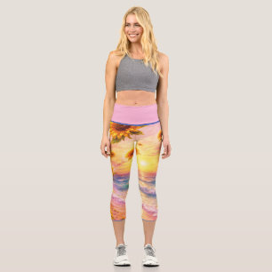 Leggings Capri Sueño Marino de Girasoles: Atardecer en la Playa