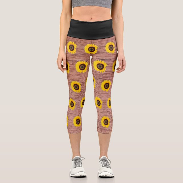 Leggings Capri Sunflower Yellow Black Faux Wood (Anverso)
