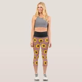 Leggings Capri Sunflower Yellow Black Faux Wood