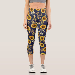Leggings Capri Sunny Yellow Gold Navy Sunflowers Leaf Watercolor