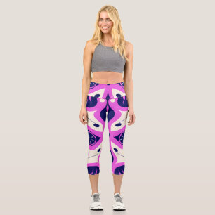 Leggings Capri Symmetrical Abstract Pattern in Purple and White