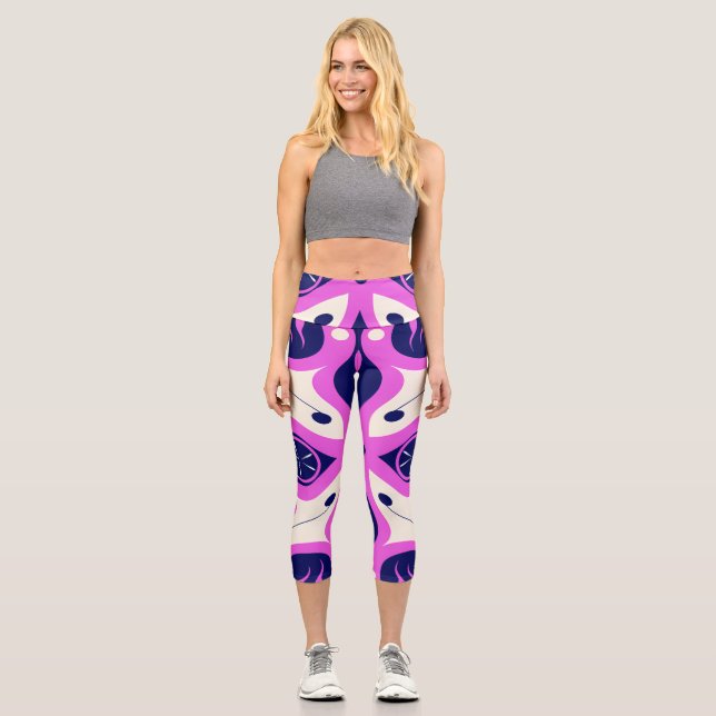 Leggings Capri Symmetrical Abstract Pattern in Purple and White (Anverso)