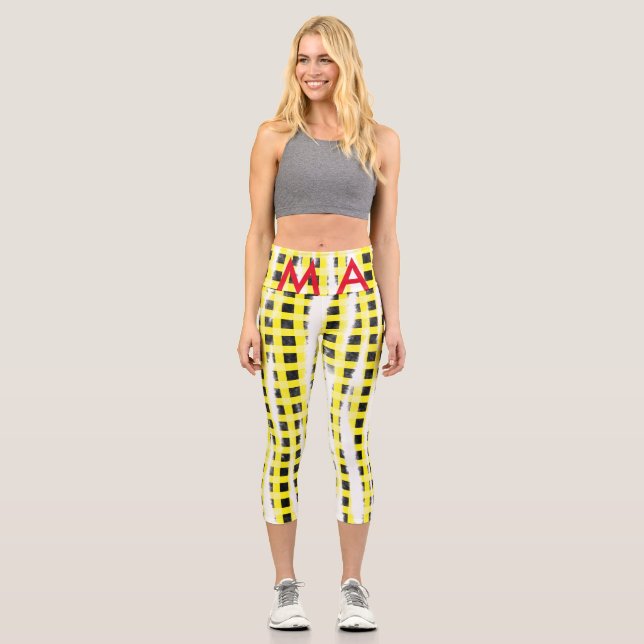 Leggings Capri tablero de verificación amarillo negro añadir nomb (Anverso)