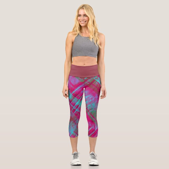 Leggings Capri Tartan Pink Purple Aqua Plaid Maroon Waistband (Anverso)