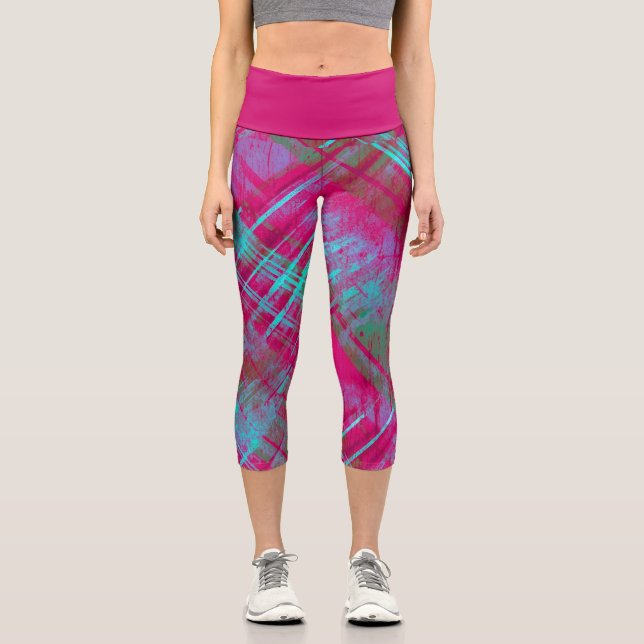 Leggings Capri Tartán Pink Purple Aqua Plaid Pink Waistband (Anverso)