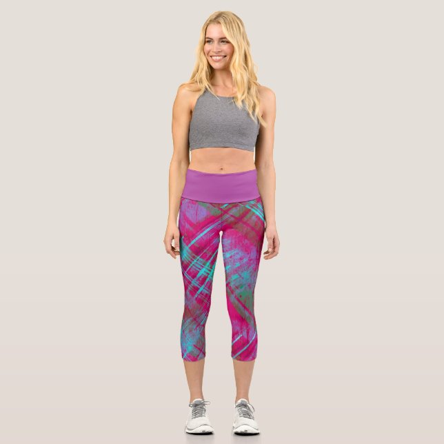 Leggings Capri Tartan Pink Purple Aqua Plaid Purple Waistband (Anverso)