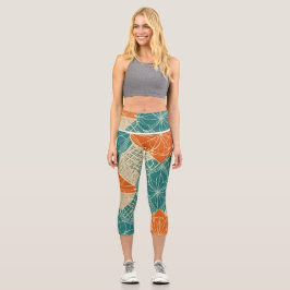 Leggings Capri Teal, Orange, and Tan Abstract Flowers 