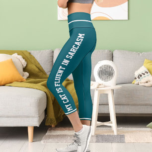 Leggings Capri Tema del gato con estilo de comic Verde azulado y 