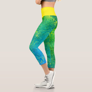 Leggings Capri Texto abstracto de arte amarillo azul turquesa pá