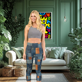 Leggings Capri Textura tejida azul y marrón | Patrón rústico mode