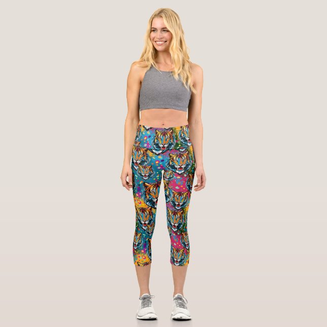 Leggings Capri Tiger Head Rainbow colors paint stains (Anverso)