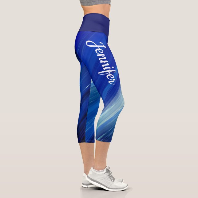 Leggings Capri Tonos de pinceles azules con nombre (Derecha)