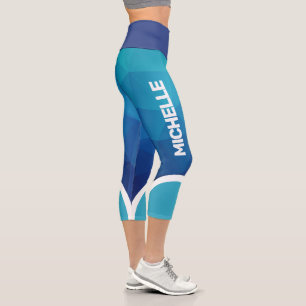 Leggings Capri Tonos geométricos azules con franja blanca moderna
