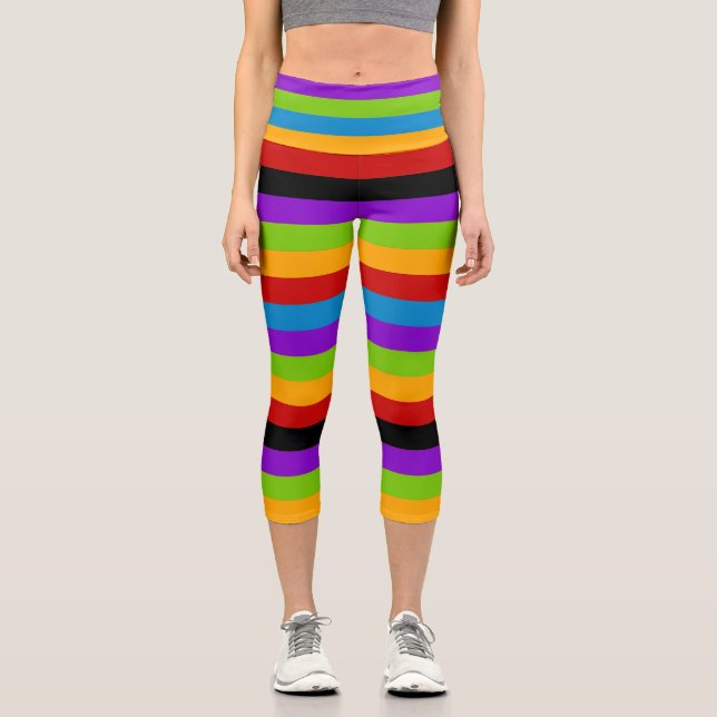 Leggings Capri Toque de rayas negras de arcoiris (Anverso)