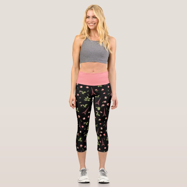 Leggings Capri Torre Eiffel Floral Rosa y Negro (Anverso)