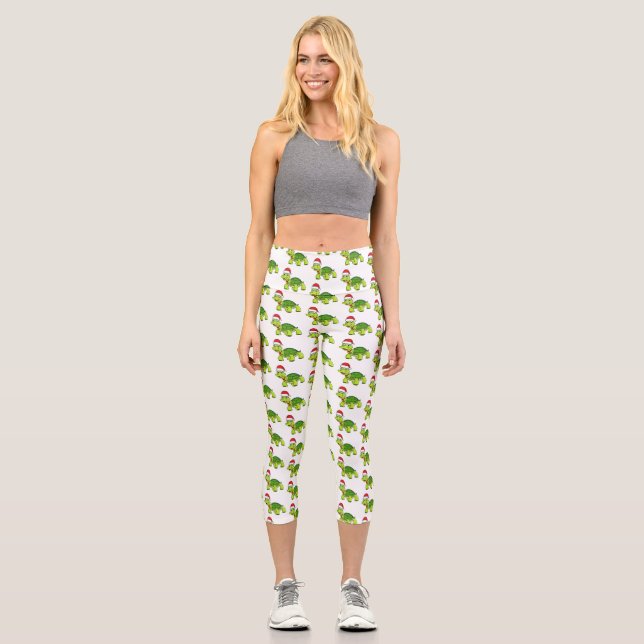 Leggings Capri Tortuga alegre lindo con sombrero de Santa (Anverso)